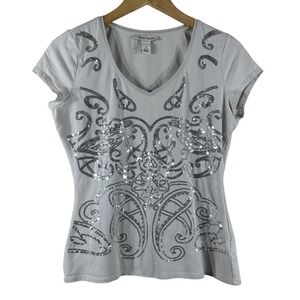 White House Black Market Women's Top Gray‎ Cotton Sequin Short Sleeve Y2K Size S